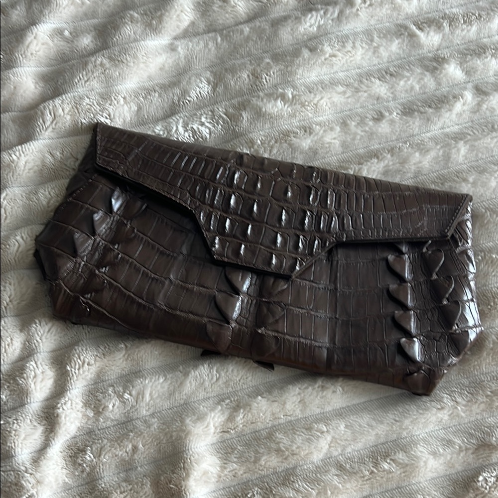Raven Kauffman Brown Crocodile Clutch